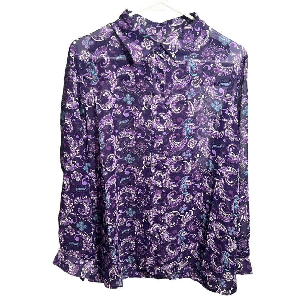 The Paragon Women's L‎ Purple Paisley Floral Sheer Button-Up Blouse Top Long